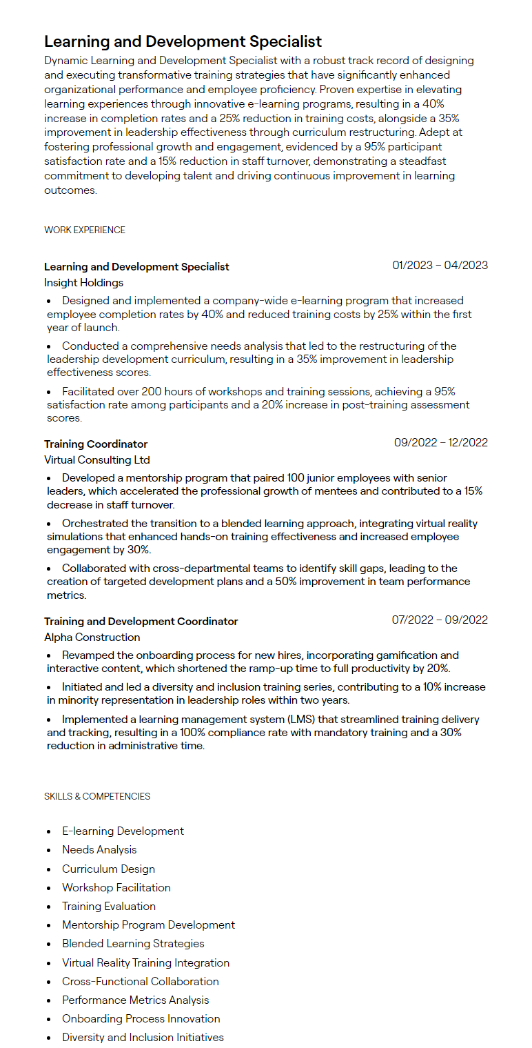 learning and development specialist resume