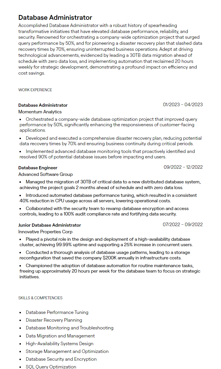 database administrator resume