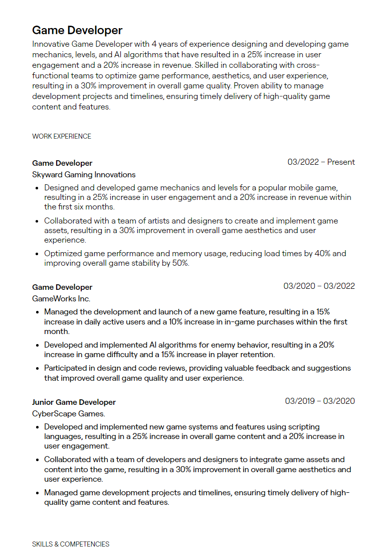game developer resume