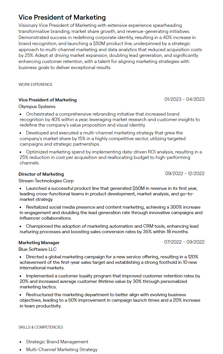 vice president of marketing resume
