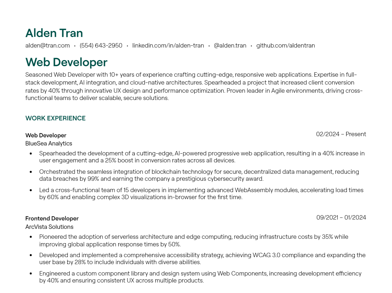 Web Developer resume example