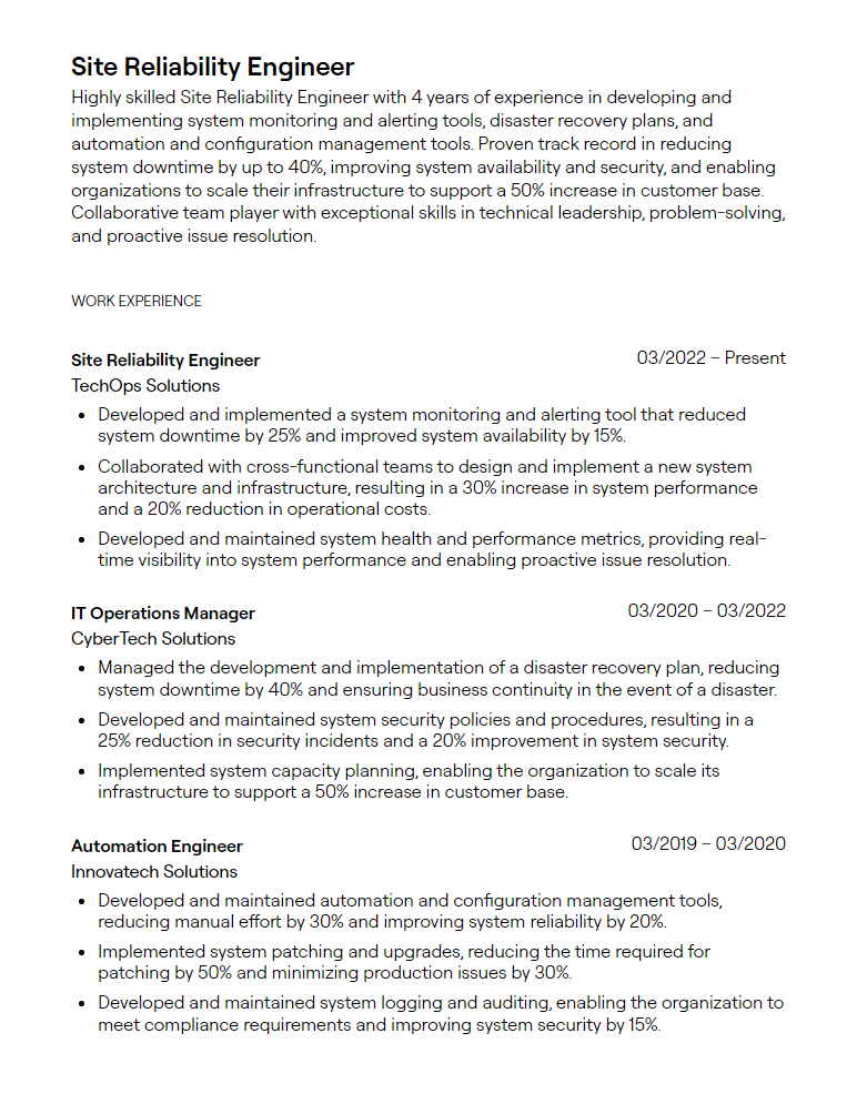 site reliability engineer resume