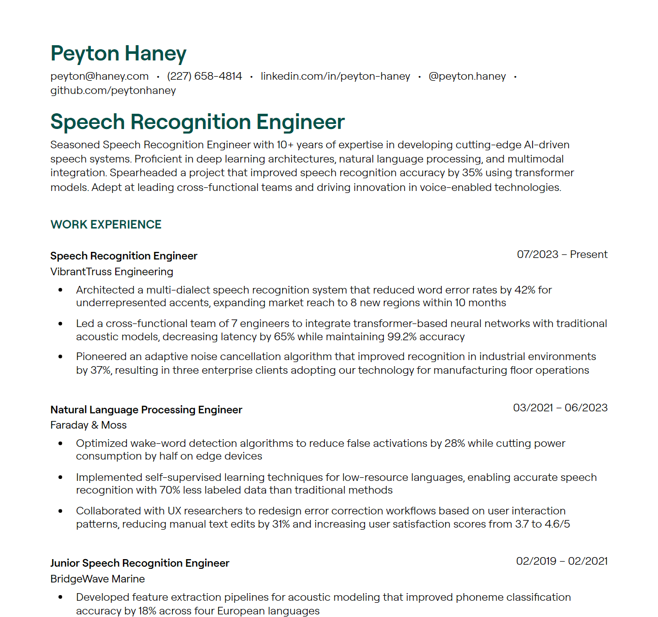 Speech Recognition Engineer resume example