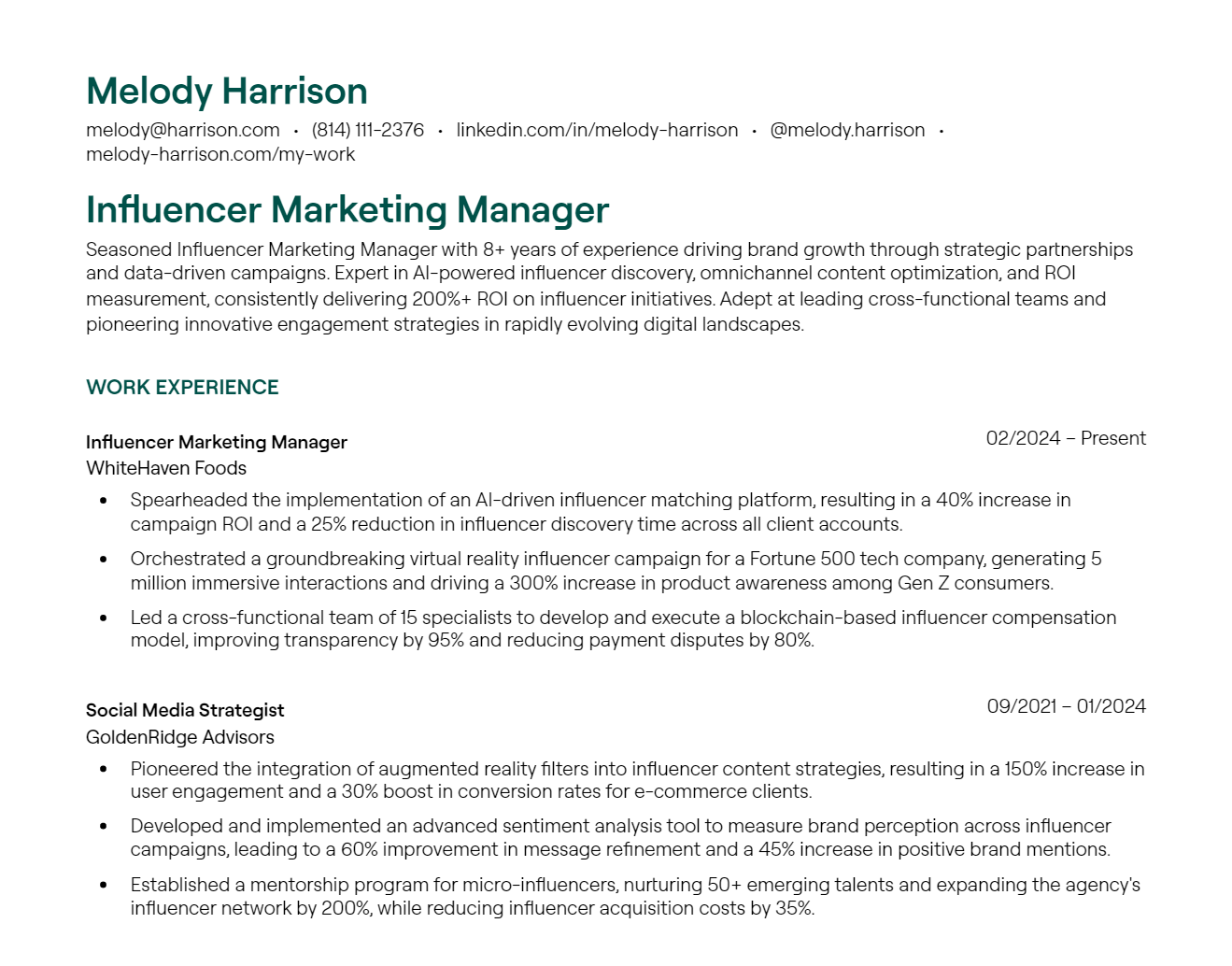 Influencer Marketing Manager resume example