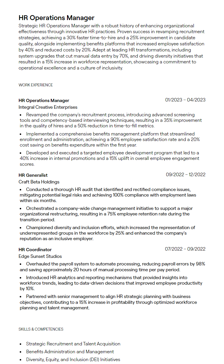 hr operations manager resume
