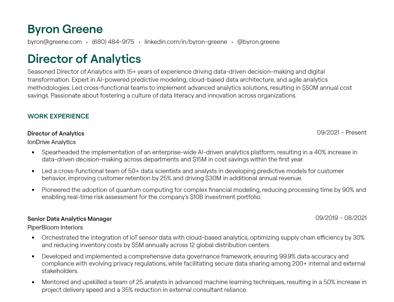 Director of Analytics resume example