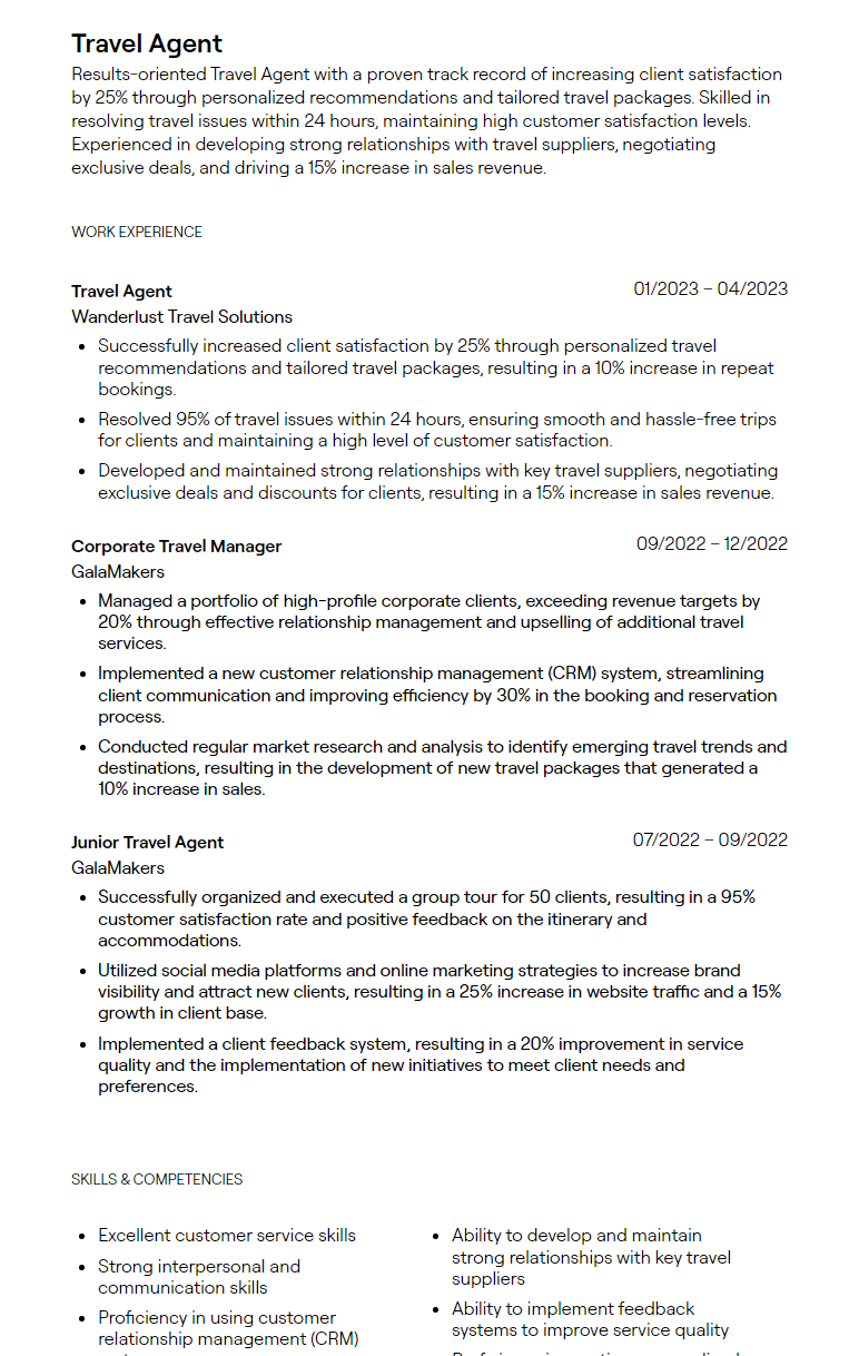 travel agent resume