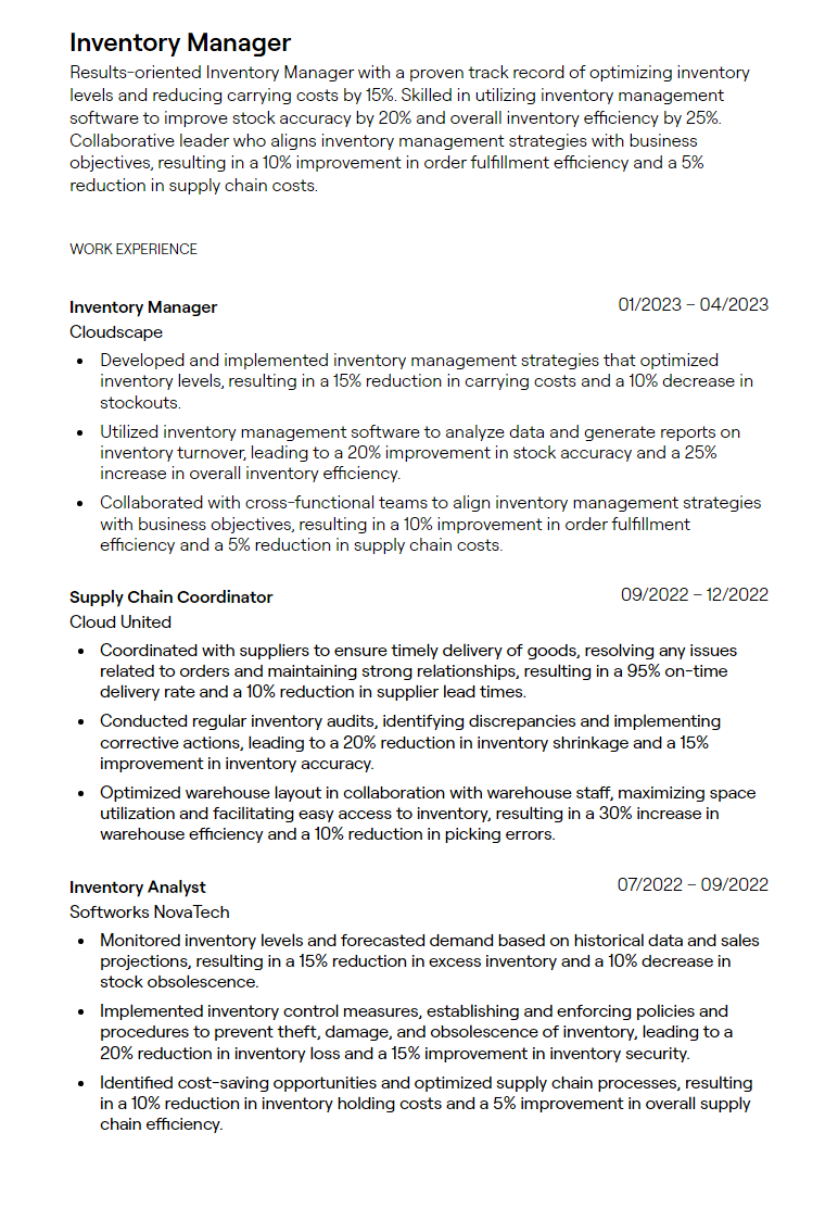 inventory manager resume