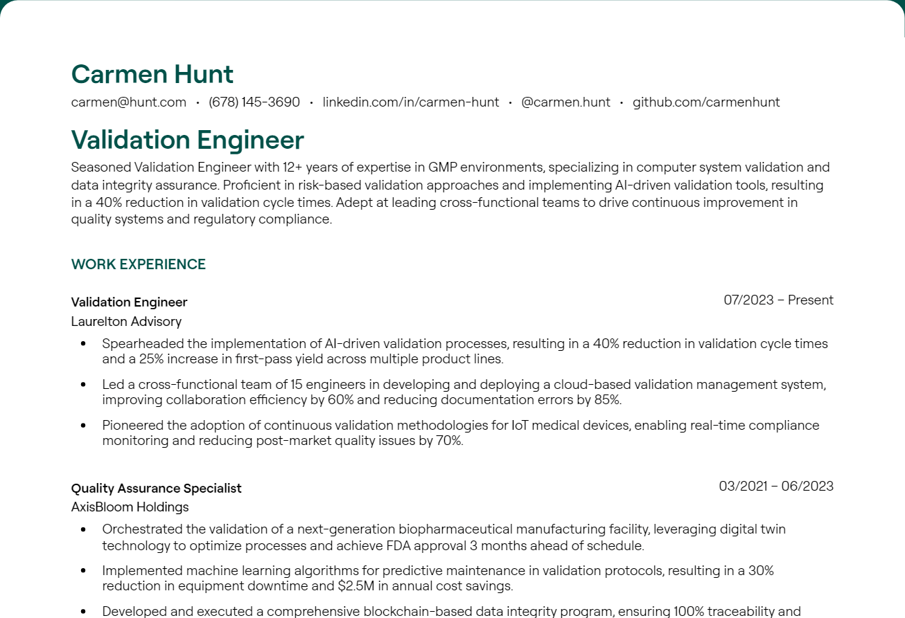 Validation Engineer resume example