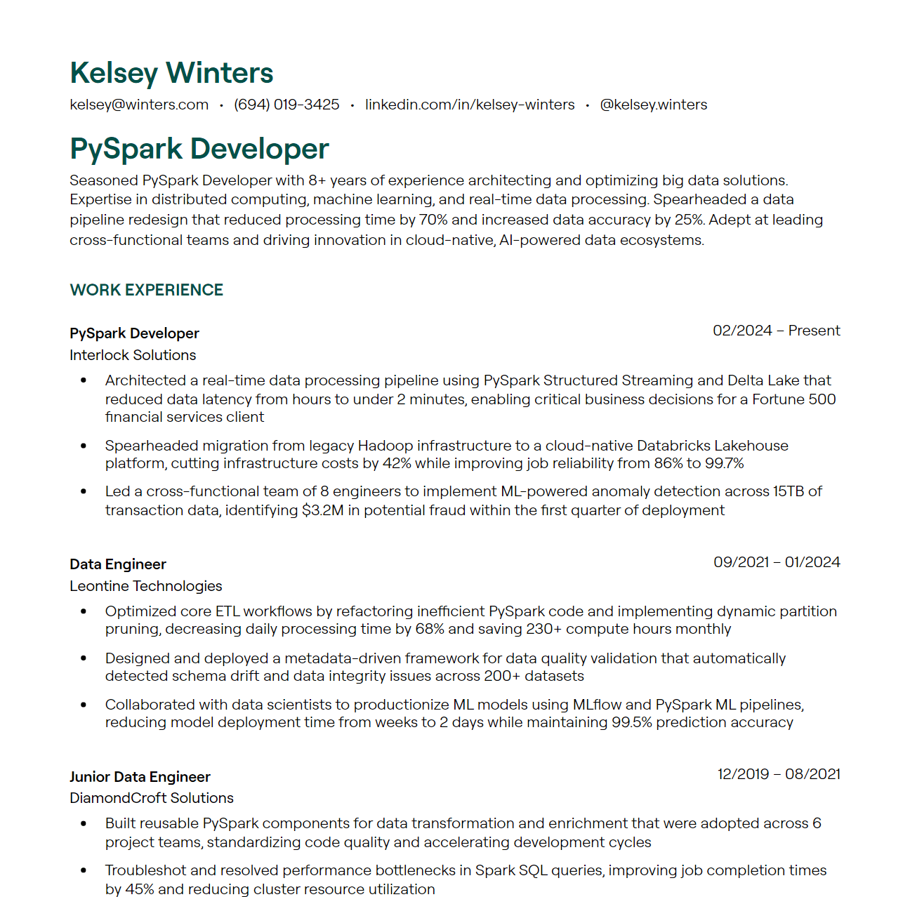 PySpark Developer resume example