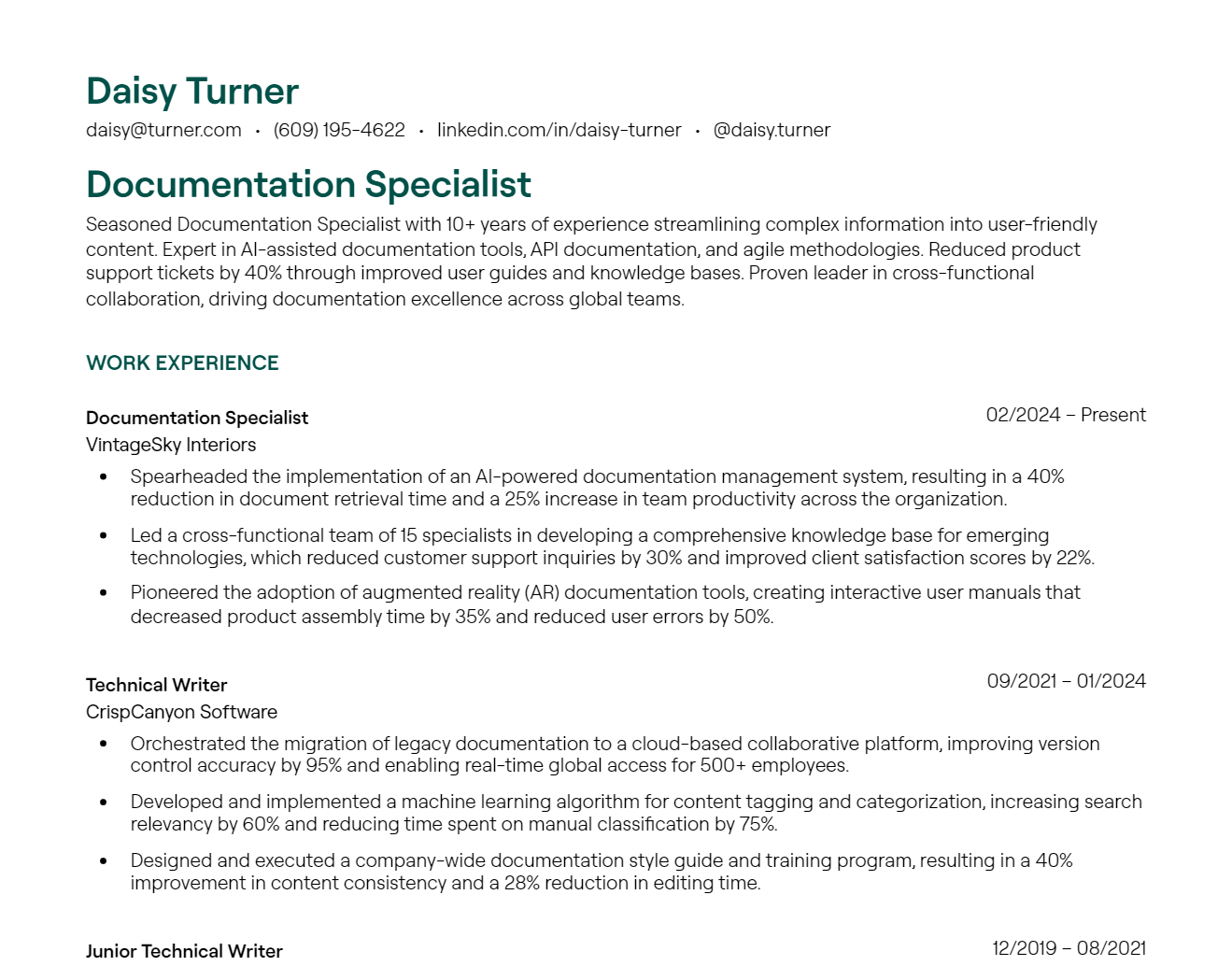 Documentation Specialist Resume Example