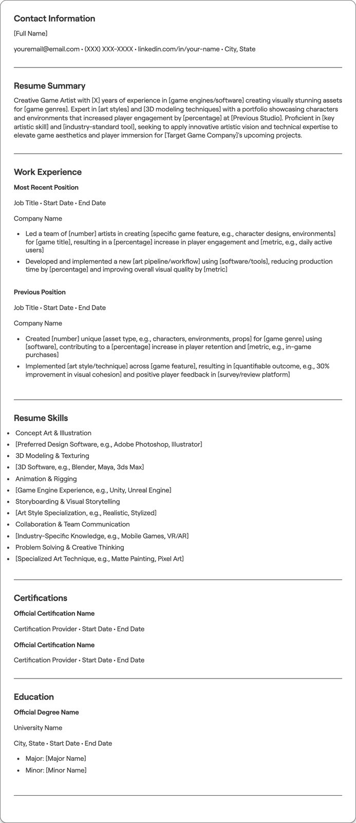 Creative Game Artist resume example