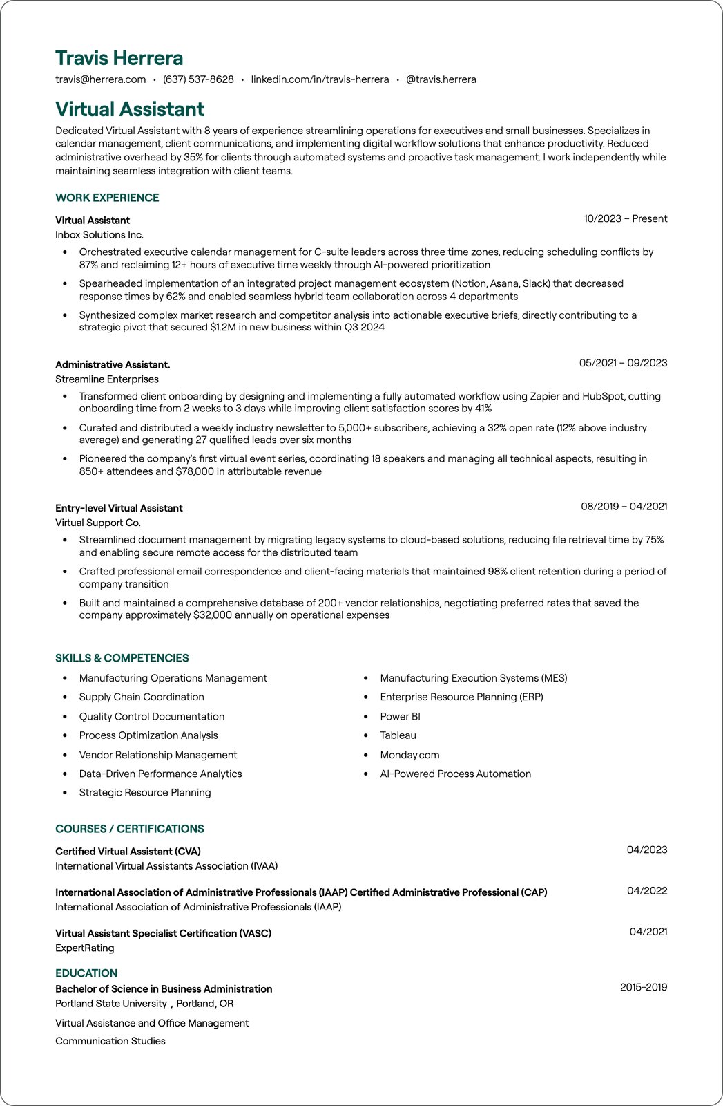 Virtual Assistant resume example