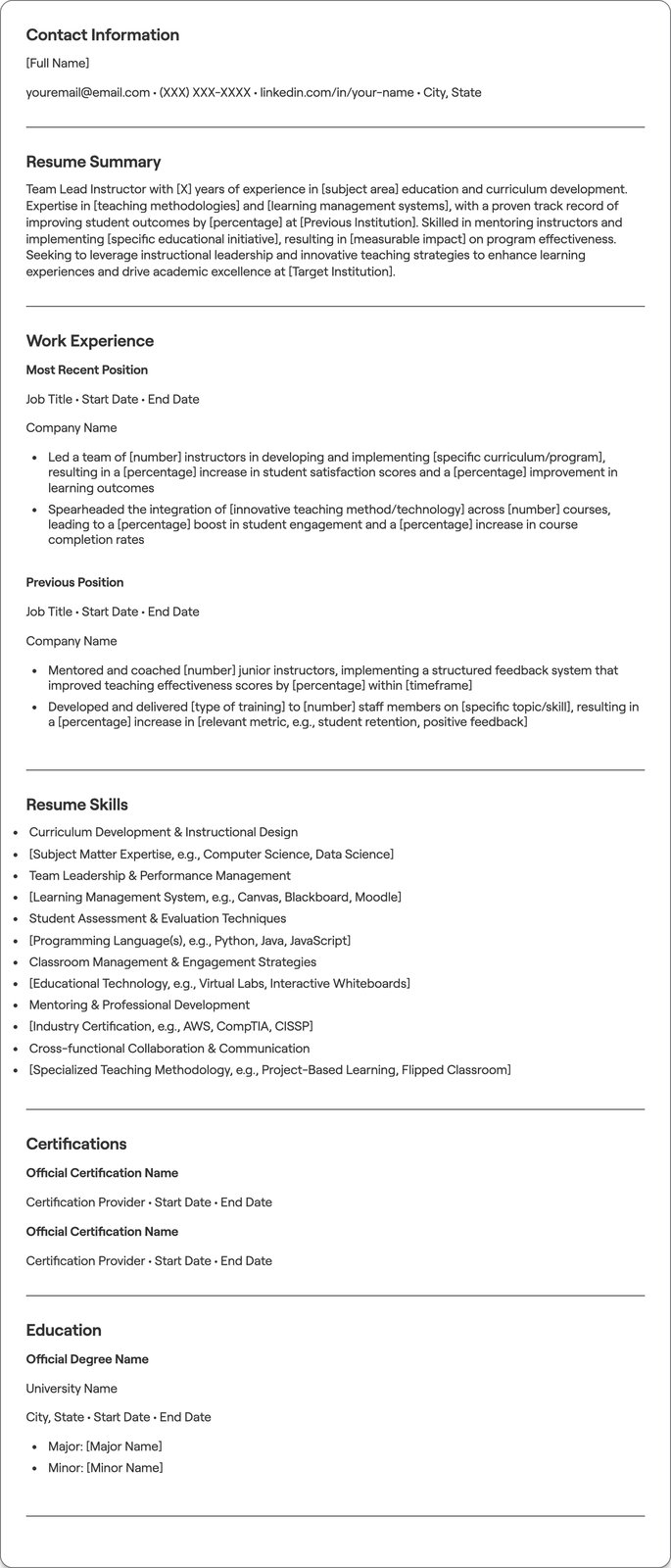 Team Lead Instructor resume example