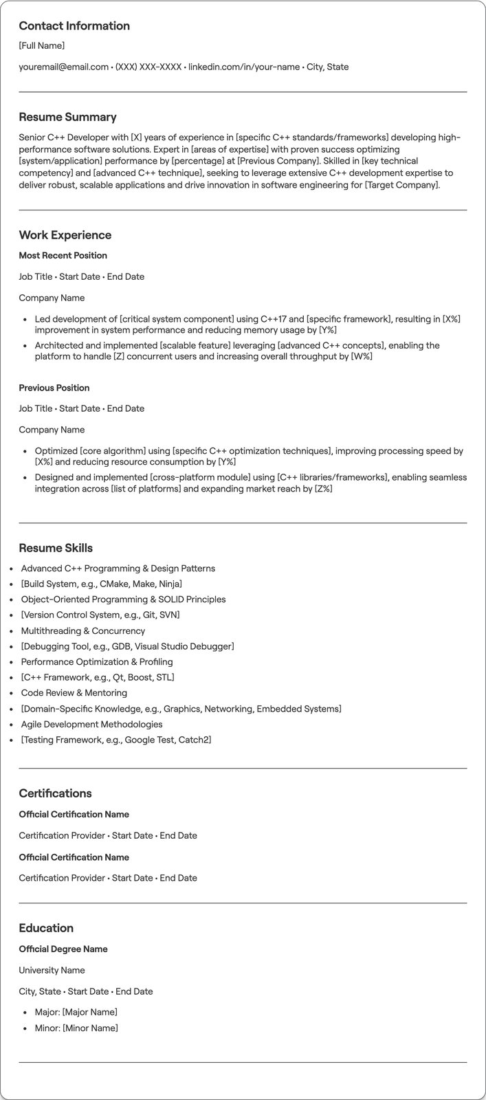 Senior C++ Developer resume example