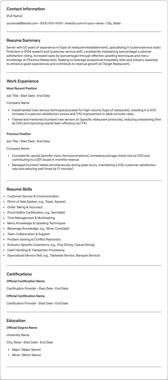 Server resume example