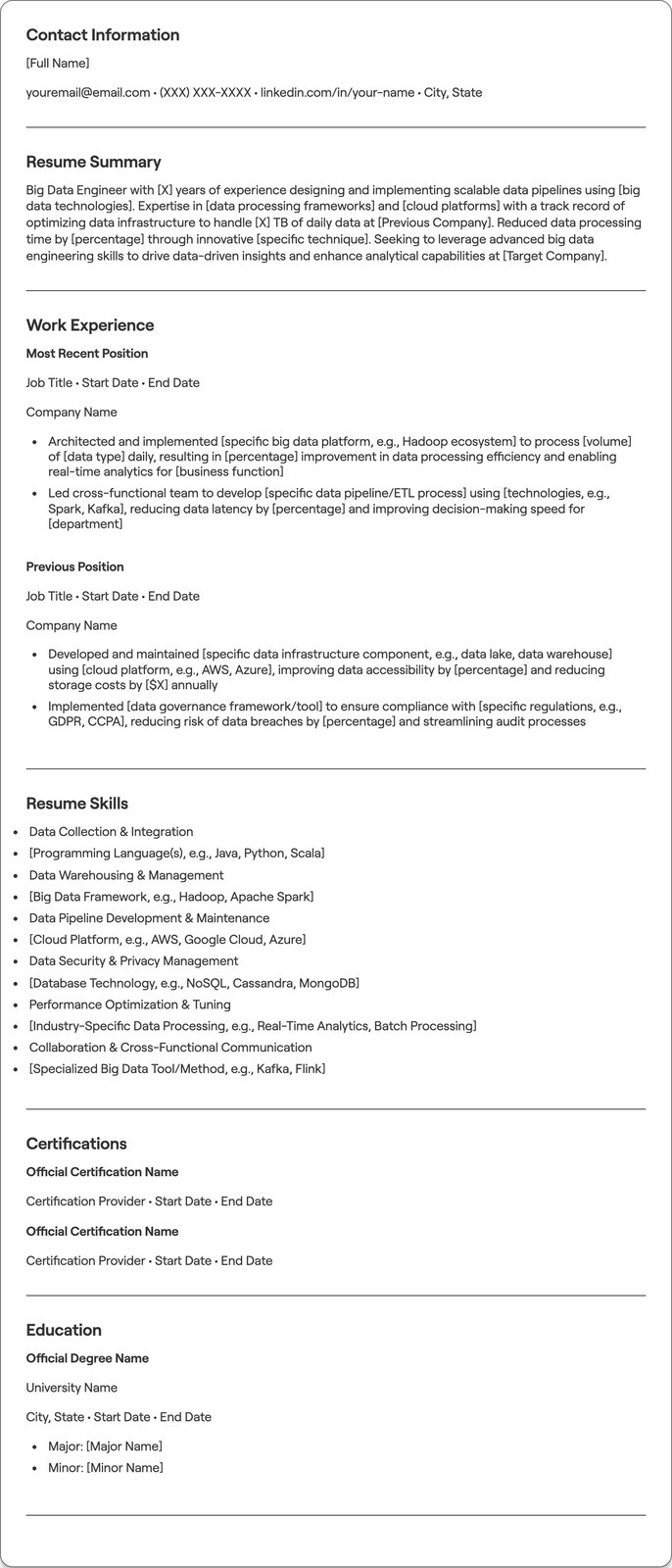 Big Data Engineer resume example