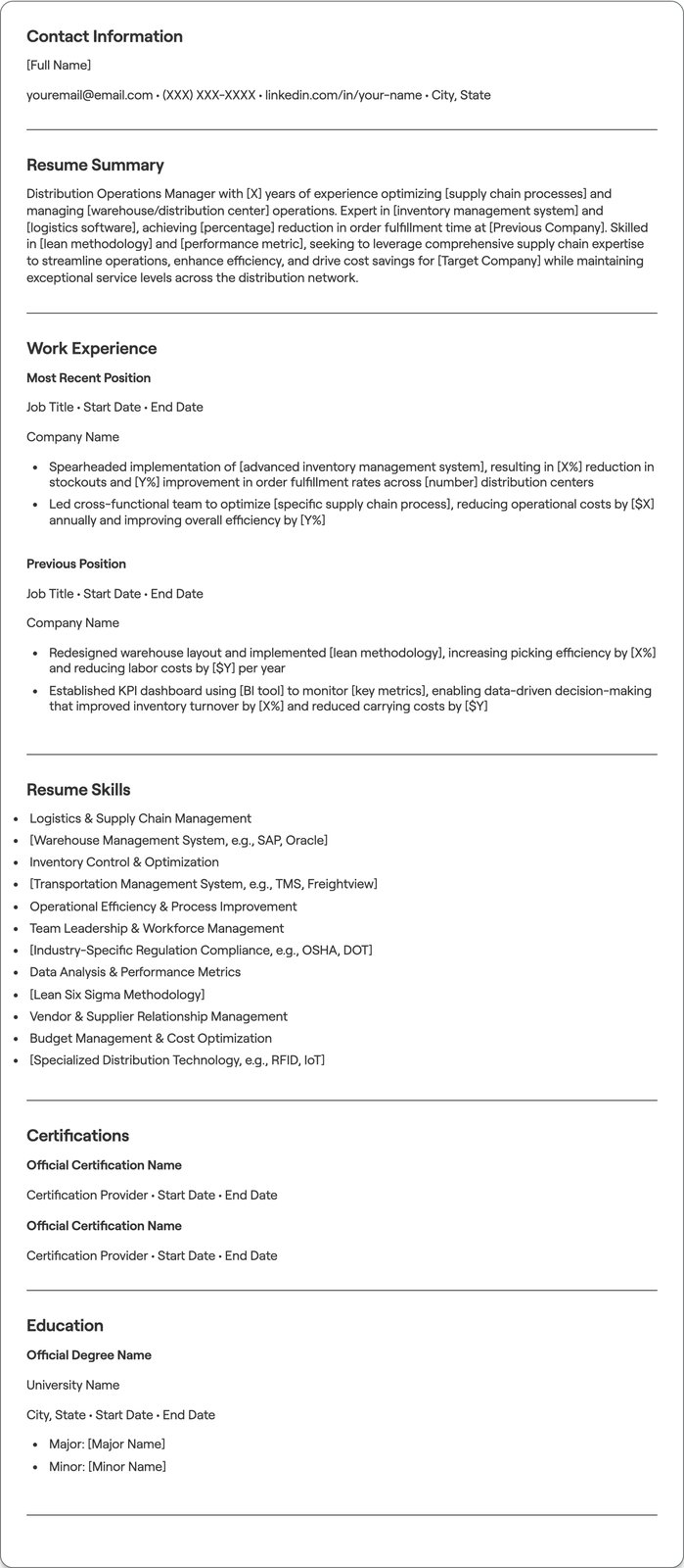 Distribution Operations Manager resume example