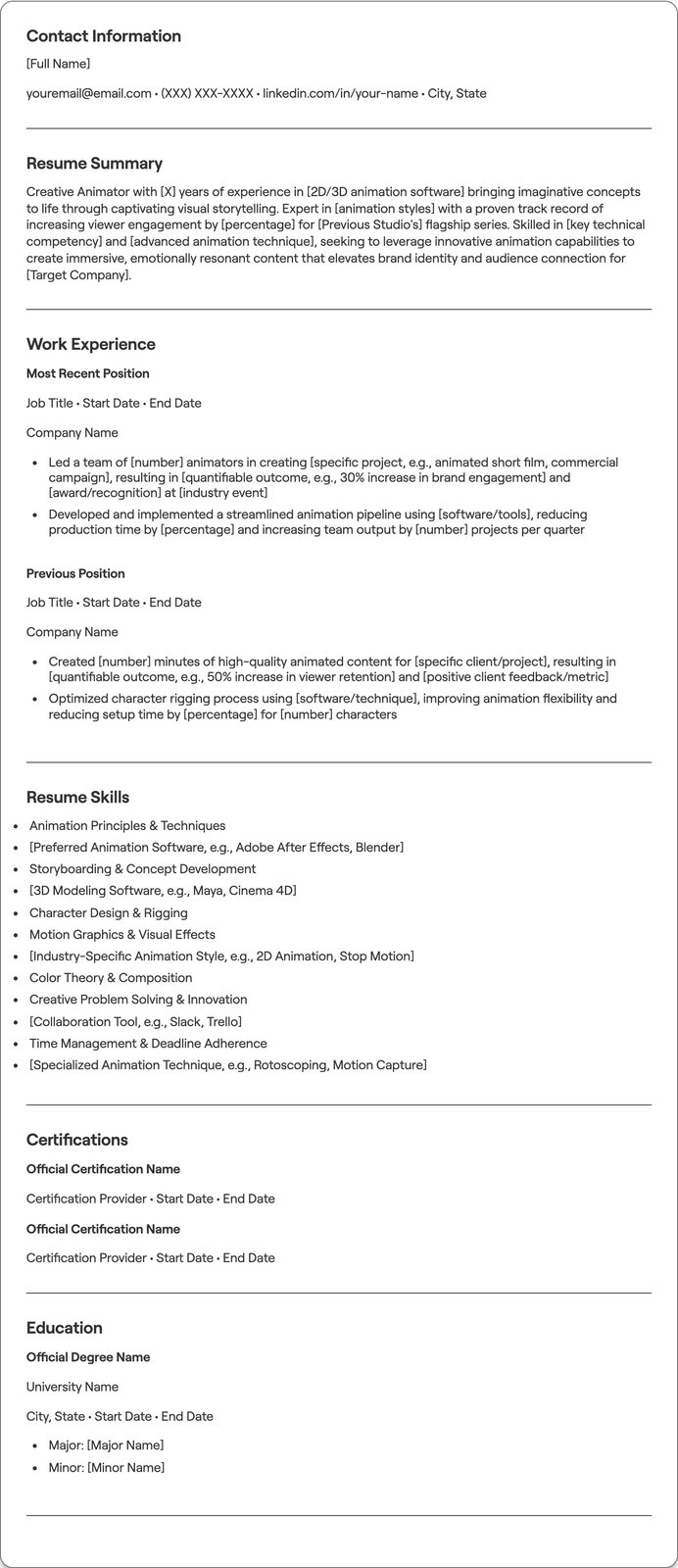 Creative Animator resume example