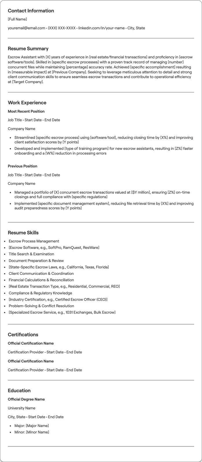 Escrow Assistant resume example