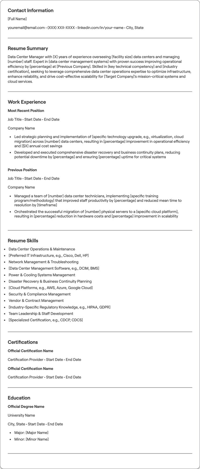 Data Center Manager resume example