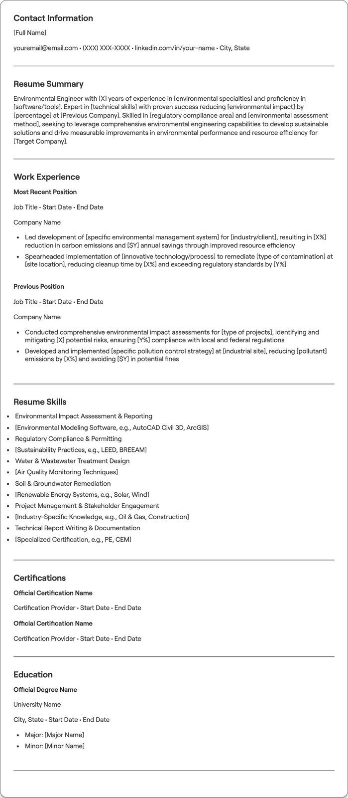 Environmental Engineer resume example
