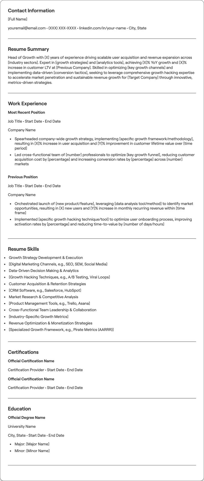 Head of Growth resume example