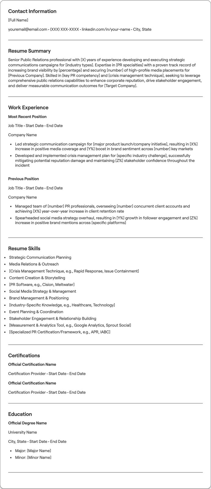 Senior Public Relations resume example