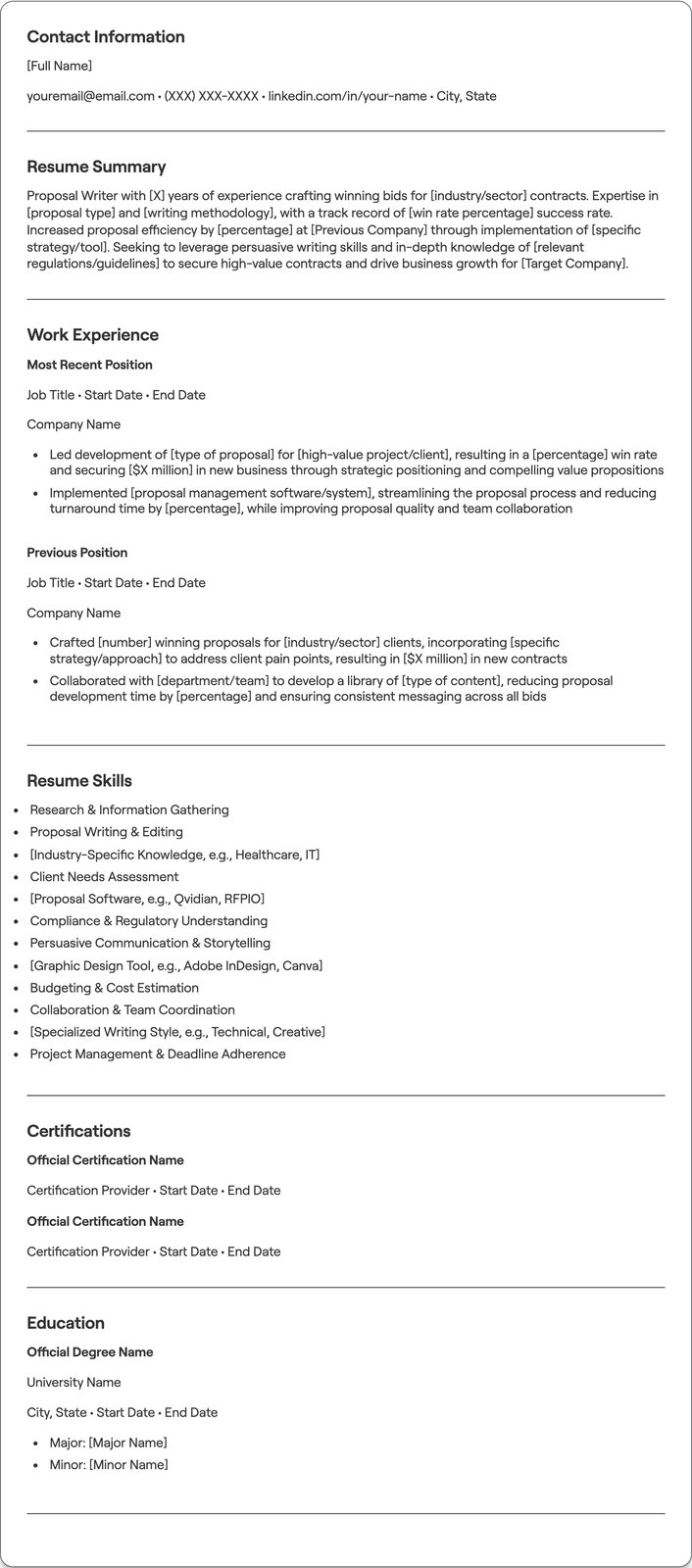 Proposal Writer resume example