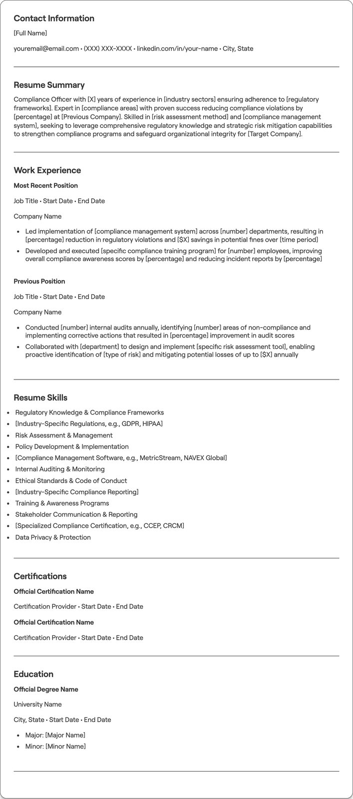 Compliance Officer resume example