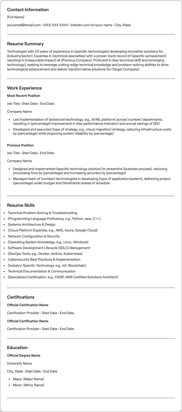 Technologist resume example
