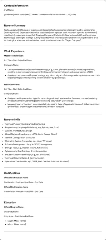 Technologist resume preview
