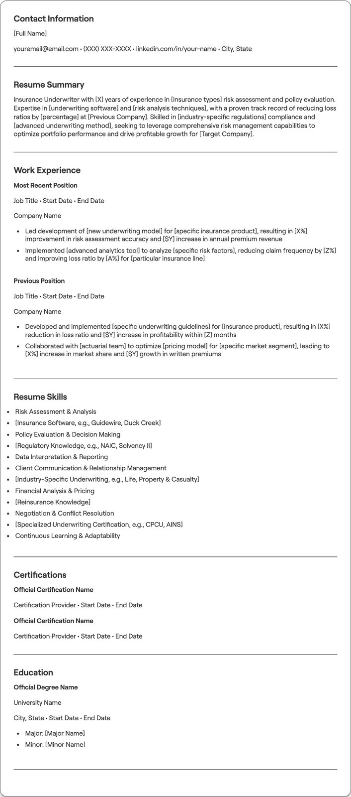 Insurance Underwriter resume example