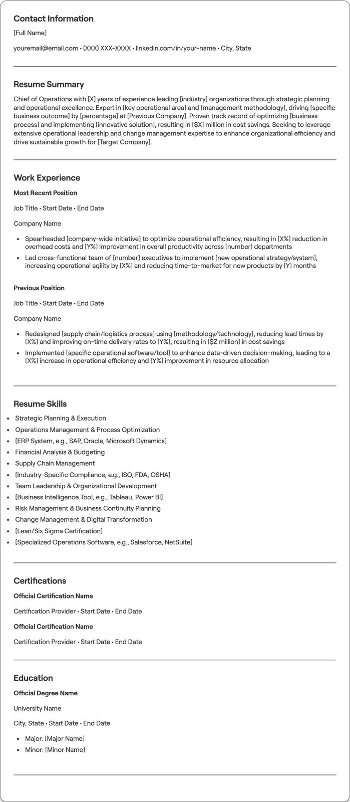 Chief of Operations resume example