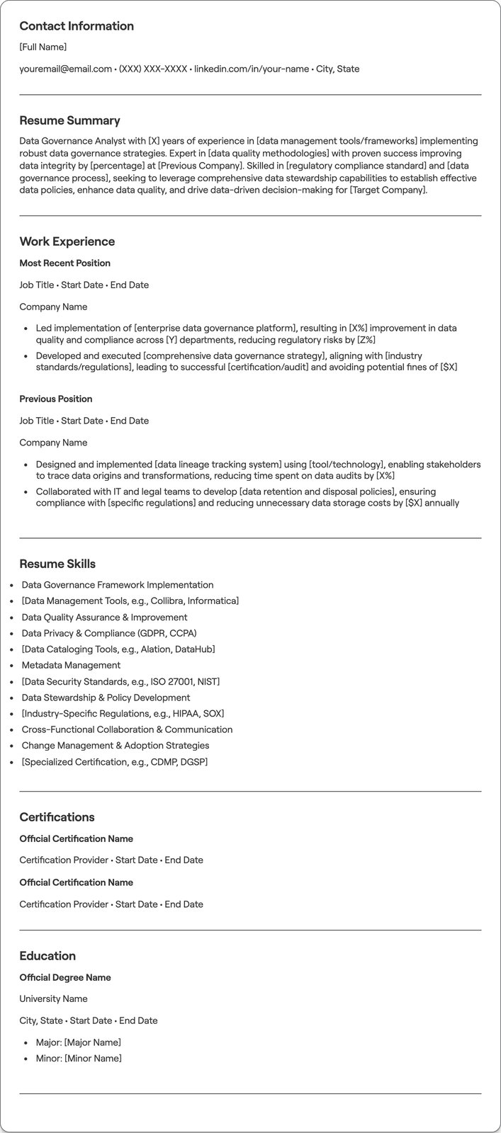 Data Governance Analyst resume example