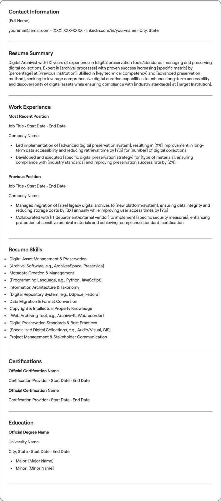 Digital Archivist resume example