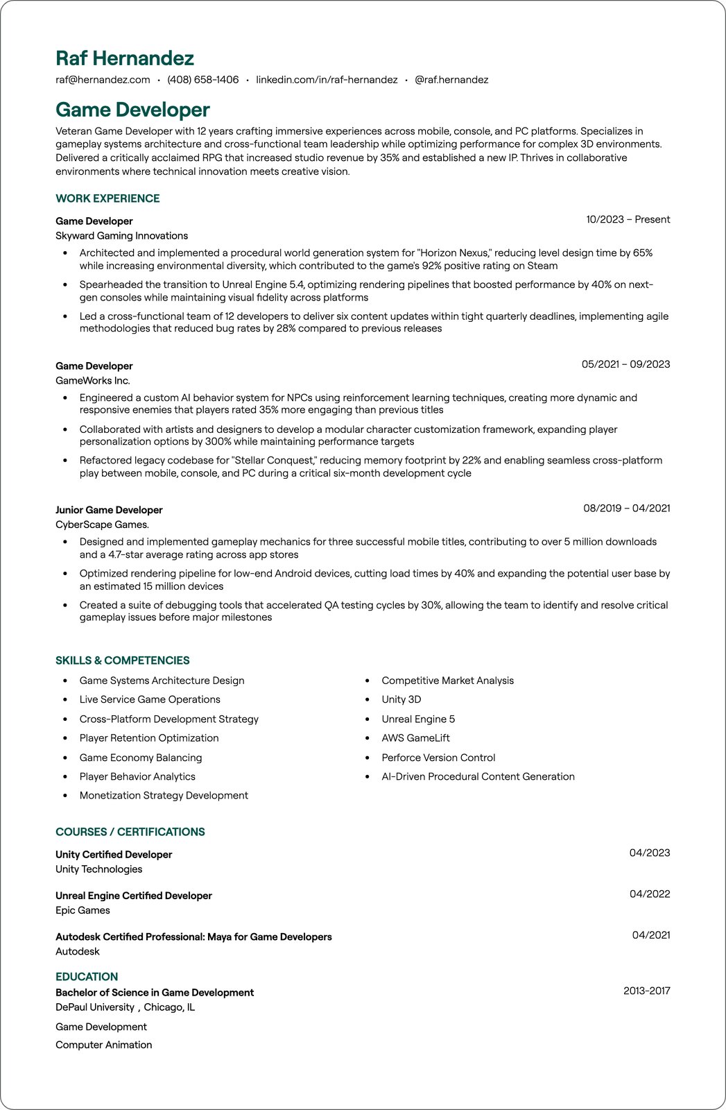 Video Game Software Developer resume example