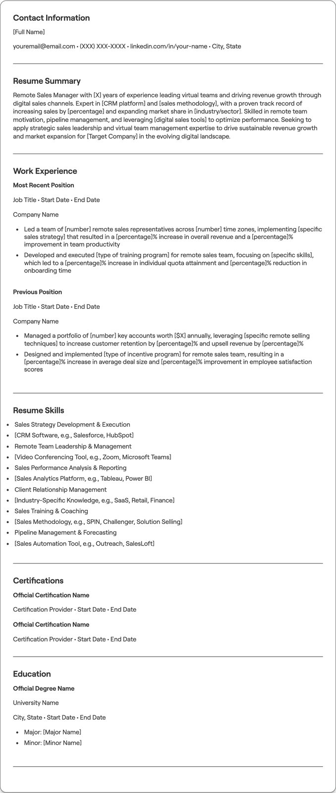 Remote Sales Manager resume example