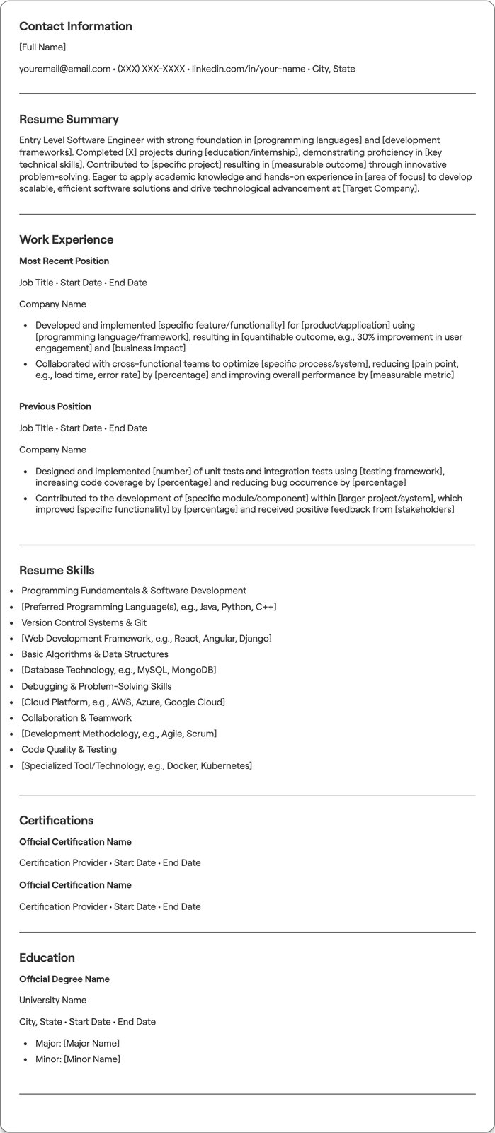 Entry Level Software Engineer resume example