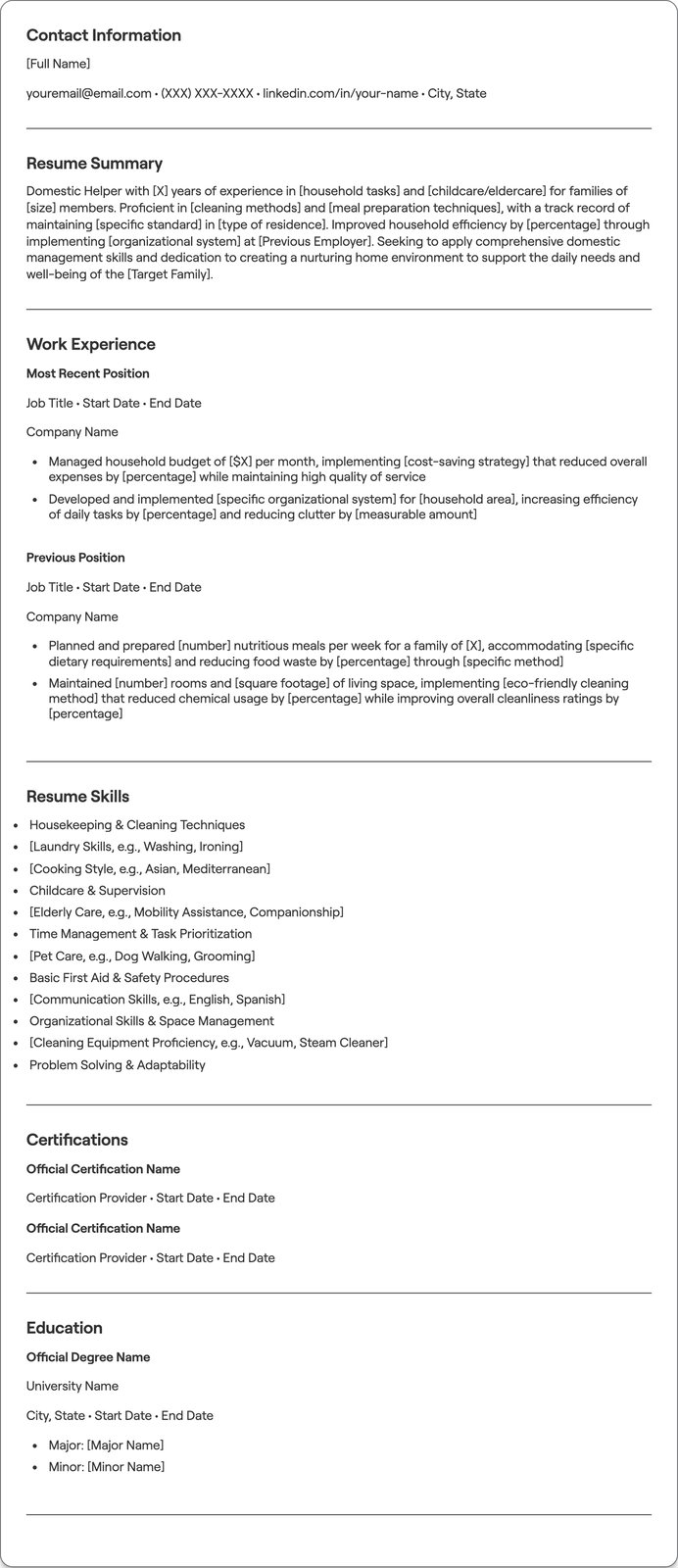 Domestic Helper resume example