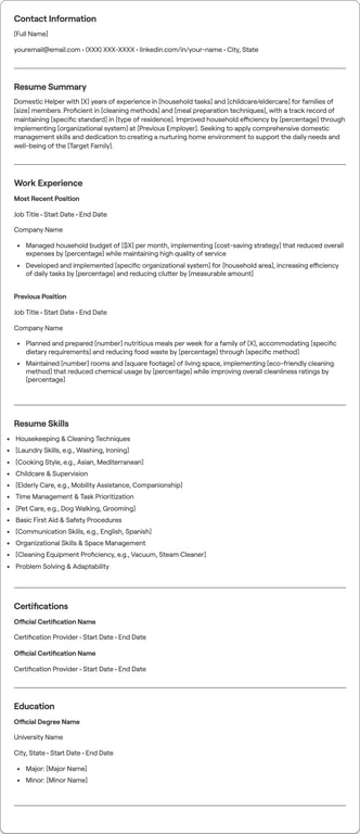 Domestic Helper resume example