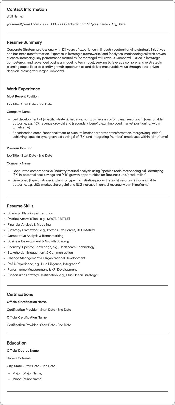 Corporate Strategy resume example