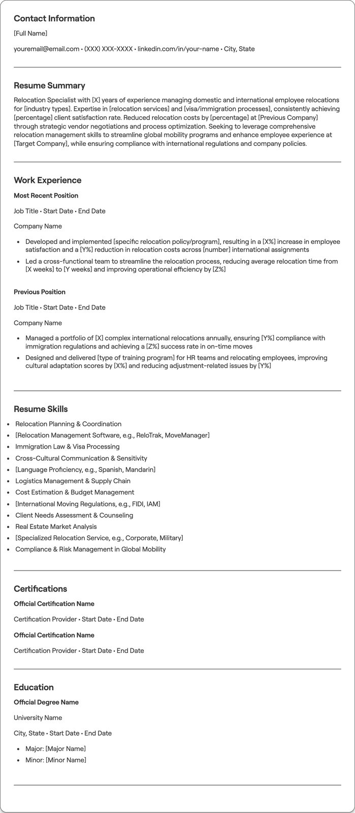 Relocation Specialist resume example