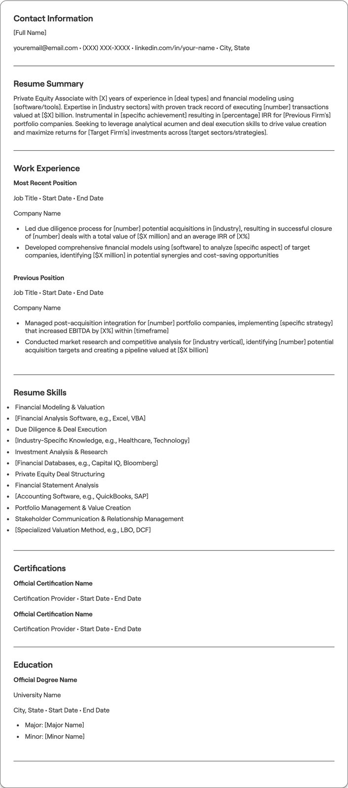 Private Equity Associate resume example