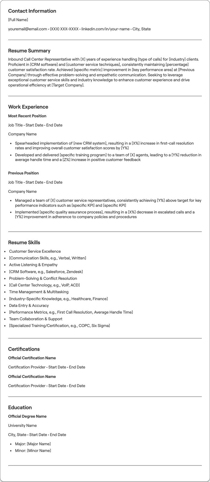 Inbound Call Center resume example