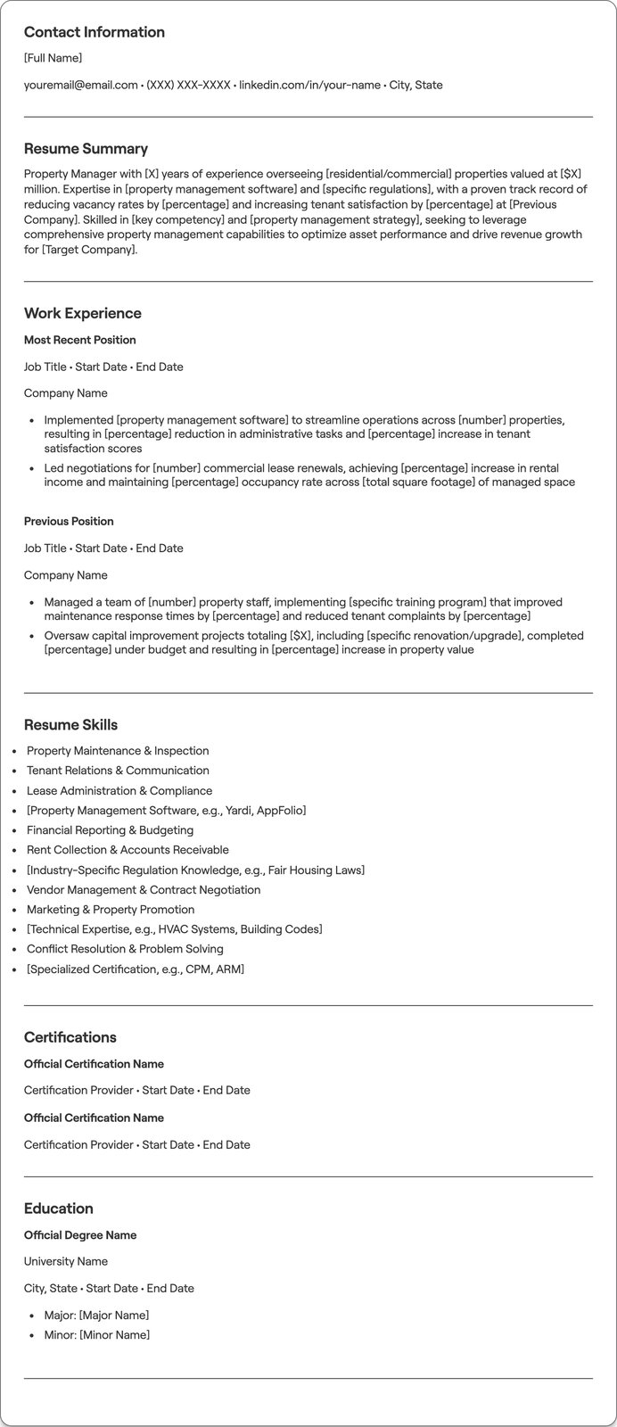 Property Manager resume example