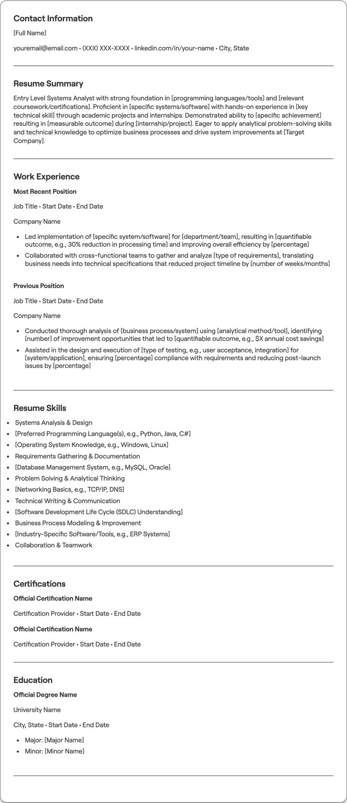 Entry Level Systems Analyst resume example