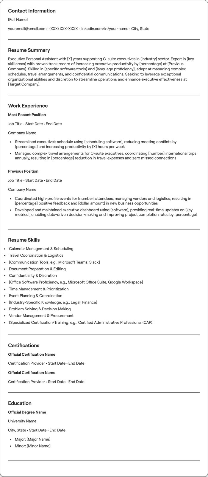 Executive Personal Assistant resume example