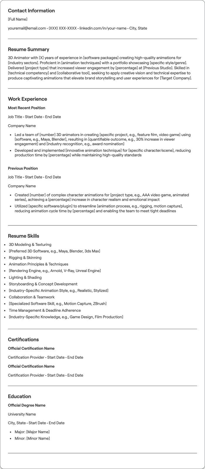 3D Animator resume example