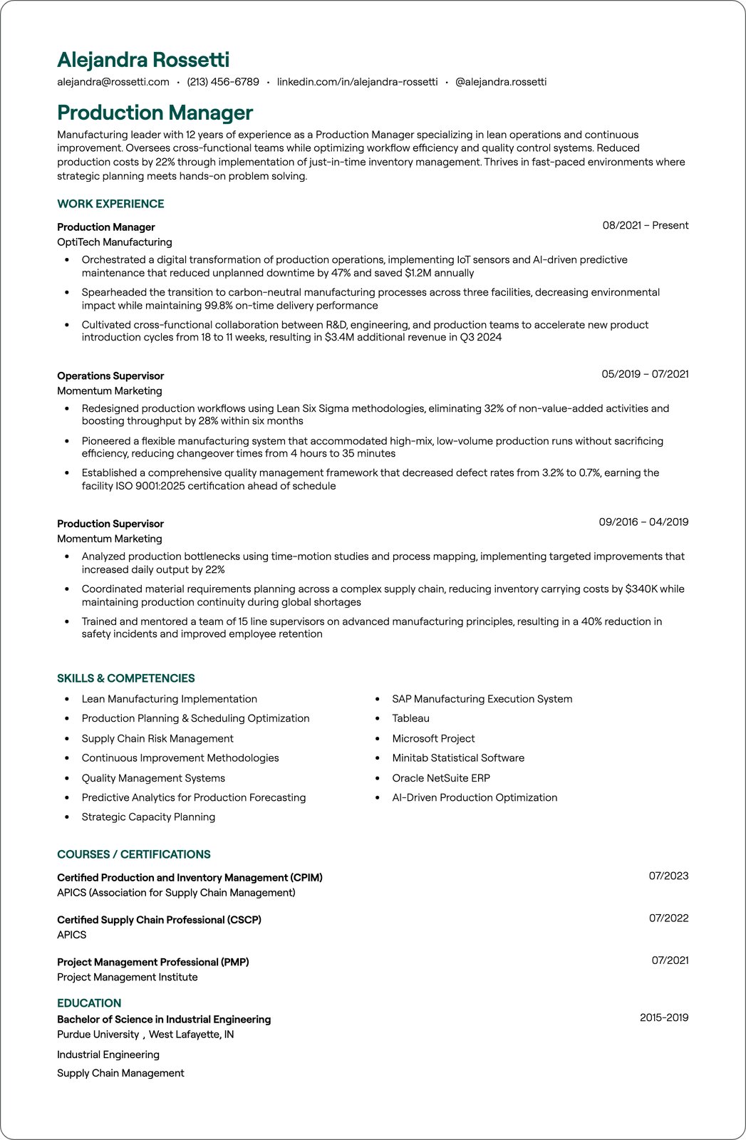 Senior Production Manager resume example